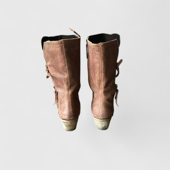 Women's Brown Leather Mid Calf Boots - Brown