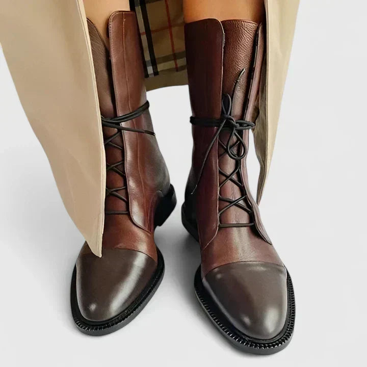 Women's Leather Lace Up Mid Calf Boots - Black