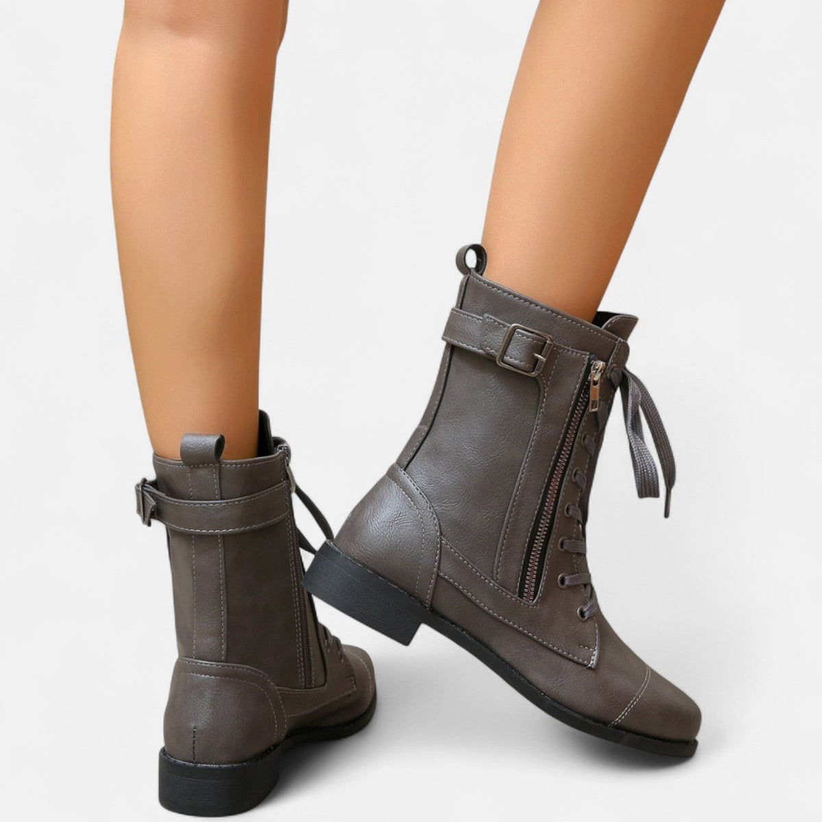 Women's Leather Lace Up Combat Boots - Caramel