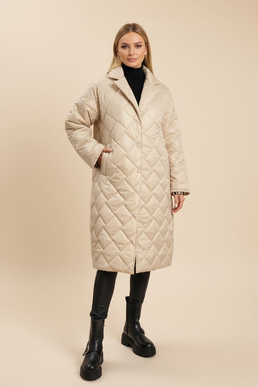 Women's Quilted Mid Length Coat - Black