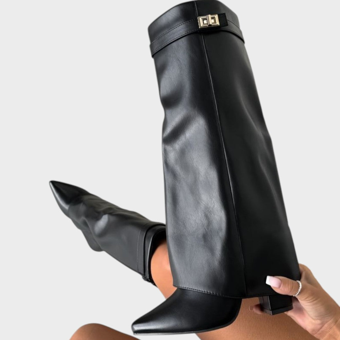Women's Leather Fold Over Knee High Boots - Black