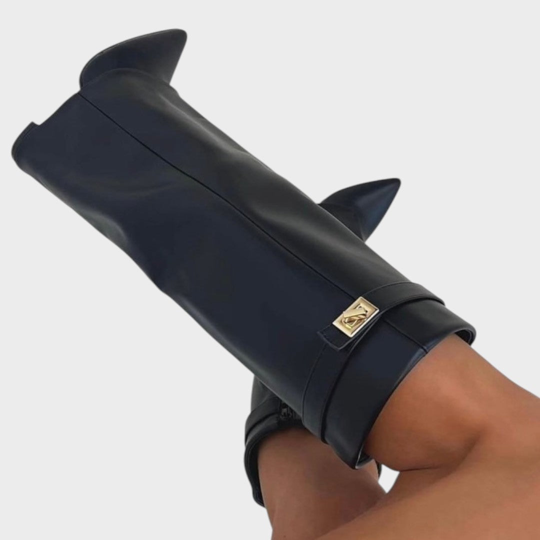 Women's Leather Fold Over Knee High Boots - Black