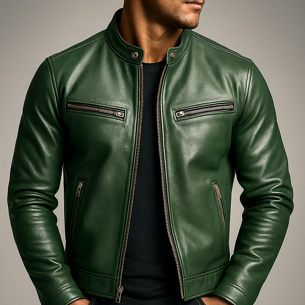 Men's Leather Biker Jacket - Green