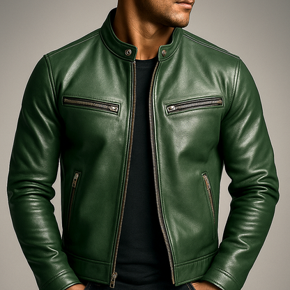 Men's Leather Biker Jacket - Green