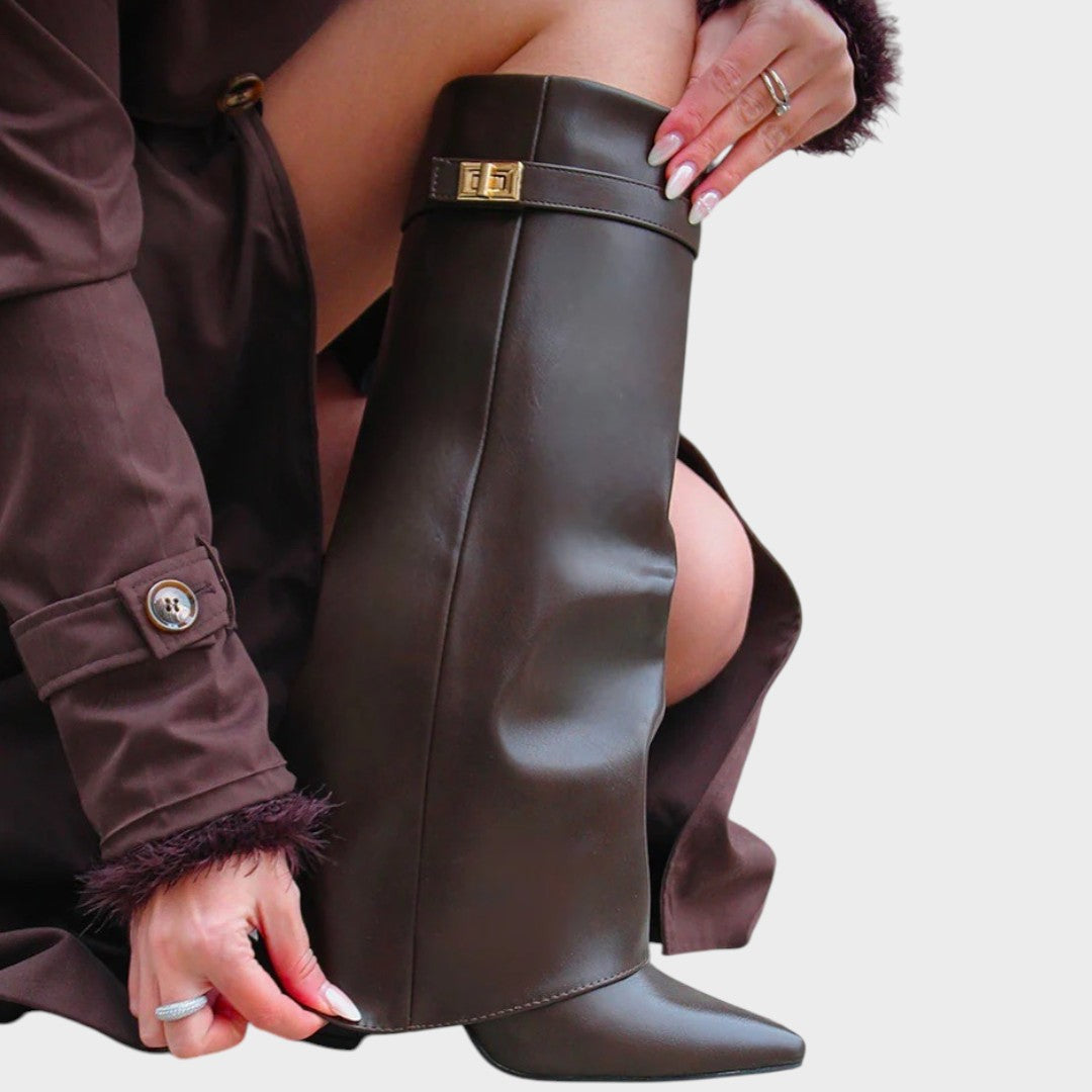 Women's Leather Fold Over Knee High Boots - Brown
