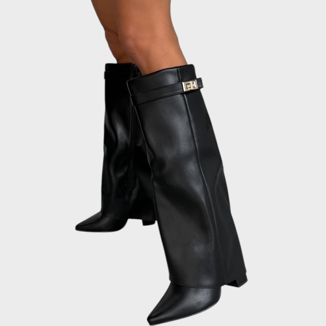 Women's Leather Fold Over Knee High Boots - Black