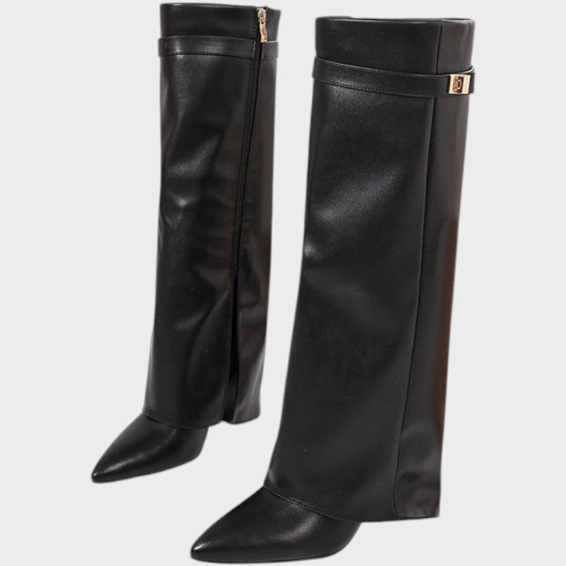 Women's Leather Fold Over Knee High Boots - Black