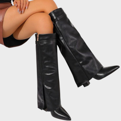 Women's Leather Fold Over Knee High Boots - Black