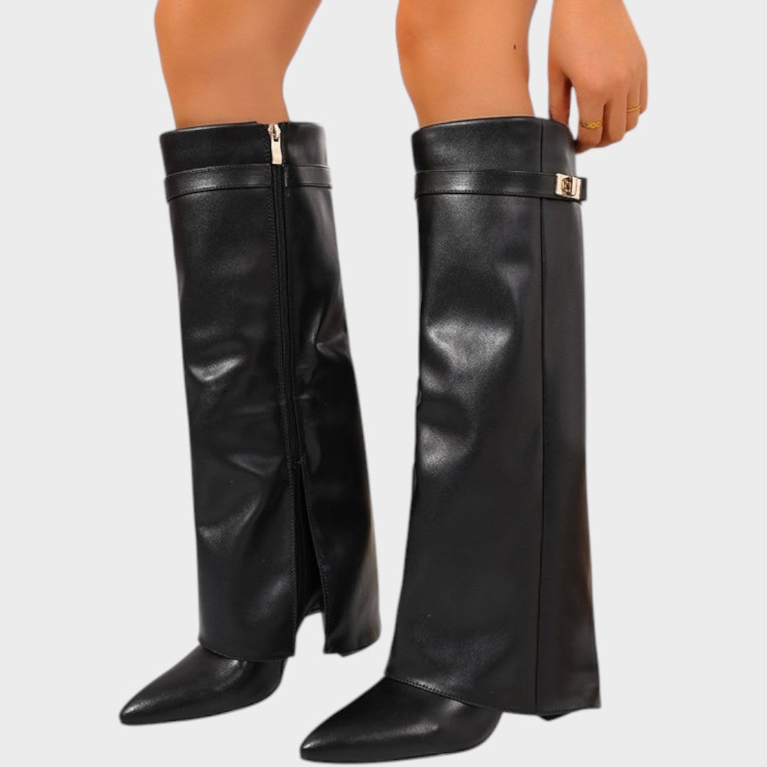 Women's Leather Fold Over Knee High Boots - Black