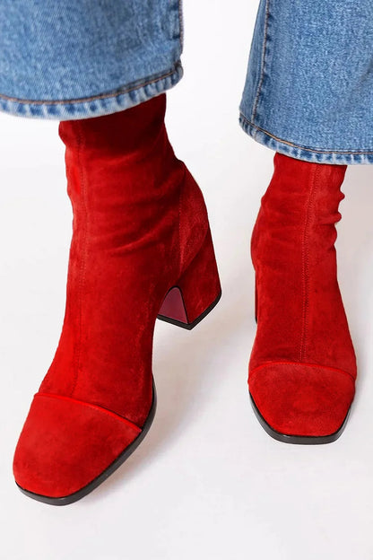Women's Suede Knee High Block Heel Boots - Dark Brown