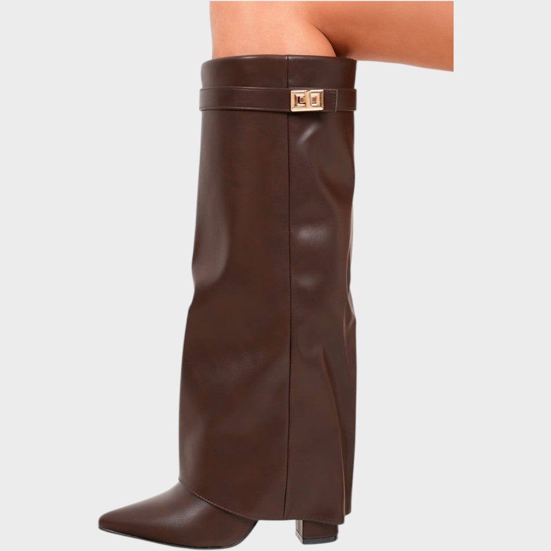 Women's Leather Fold Over Knee High Boots - Brown