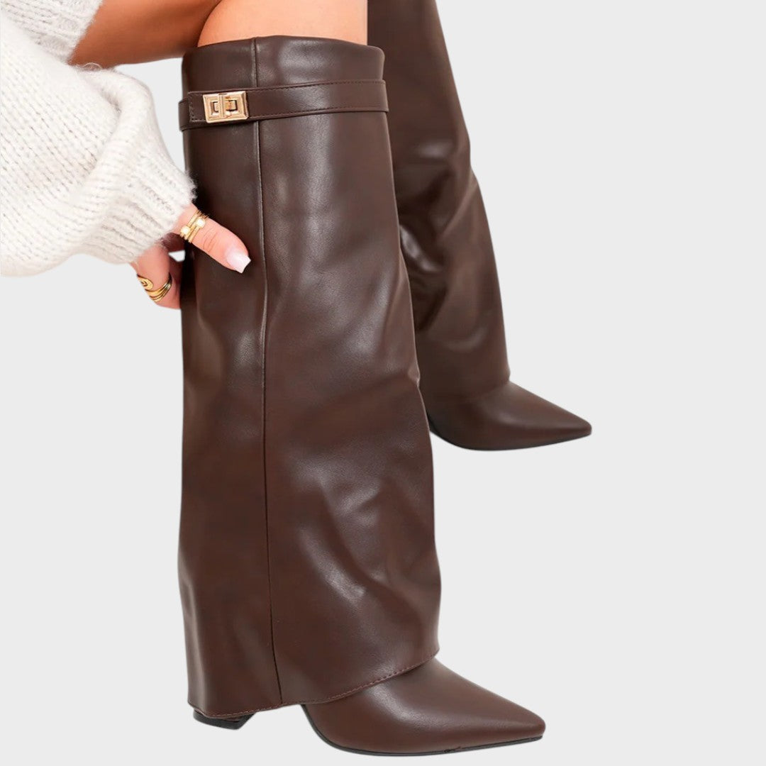 Women's Leather Fold Over Knee High Boots - Brown