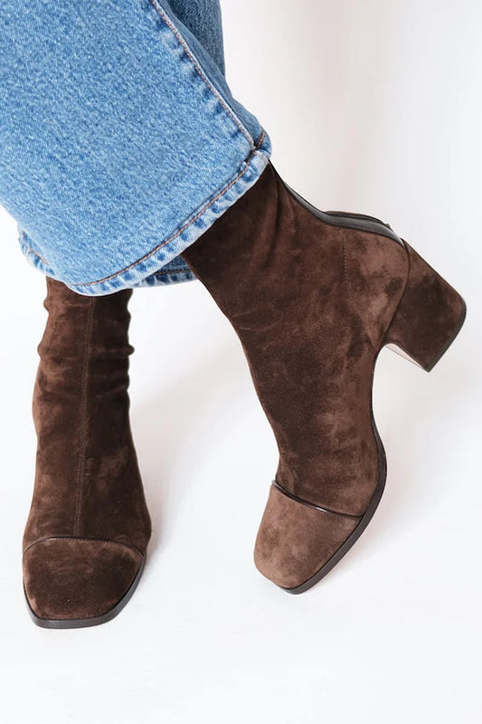 Women's Suede Knee High Block Heel Boots - Dark Brown