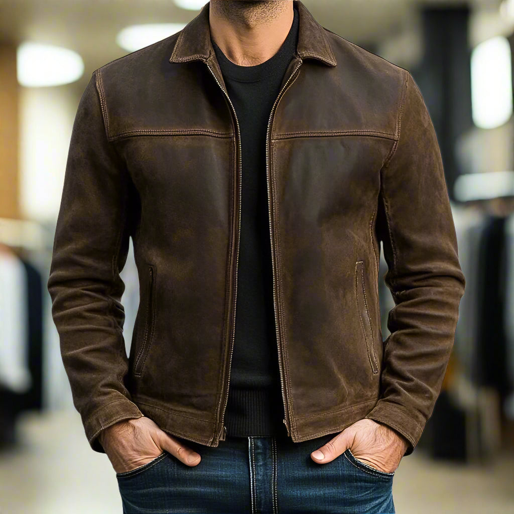 Men's Leather Zip Jacket - Brown