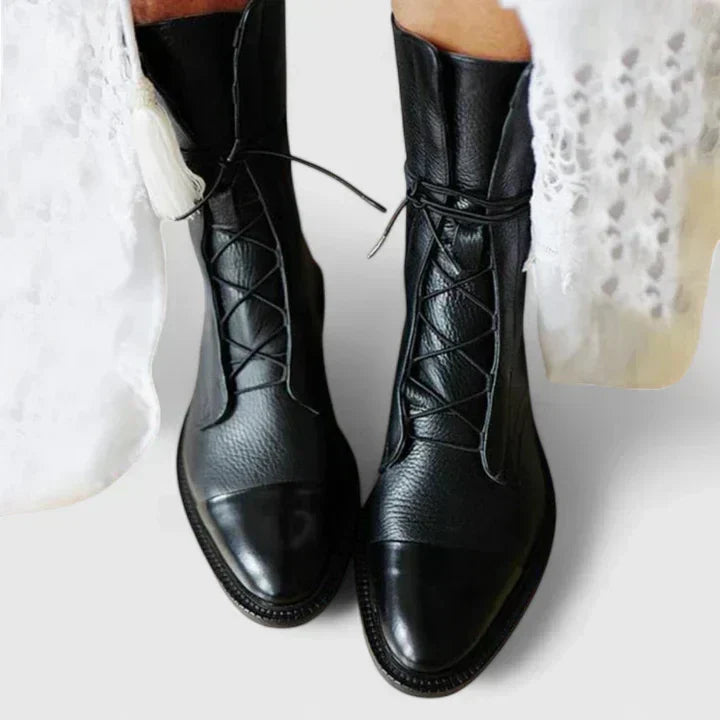 Women's Leather Lace Up Mid Calf Boots - Black