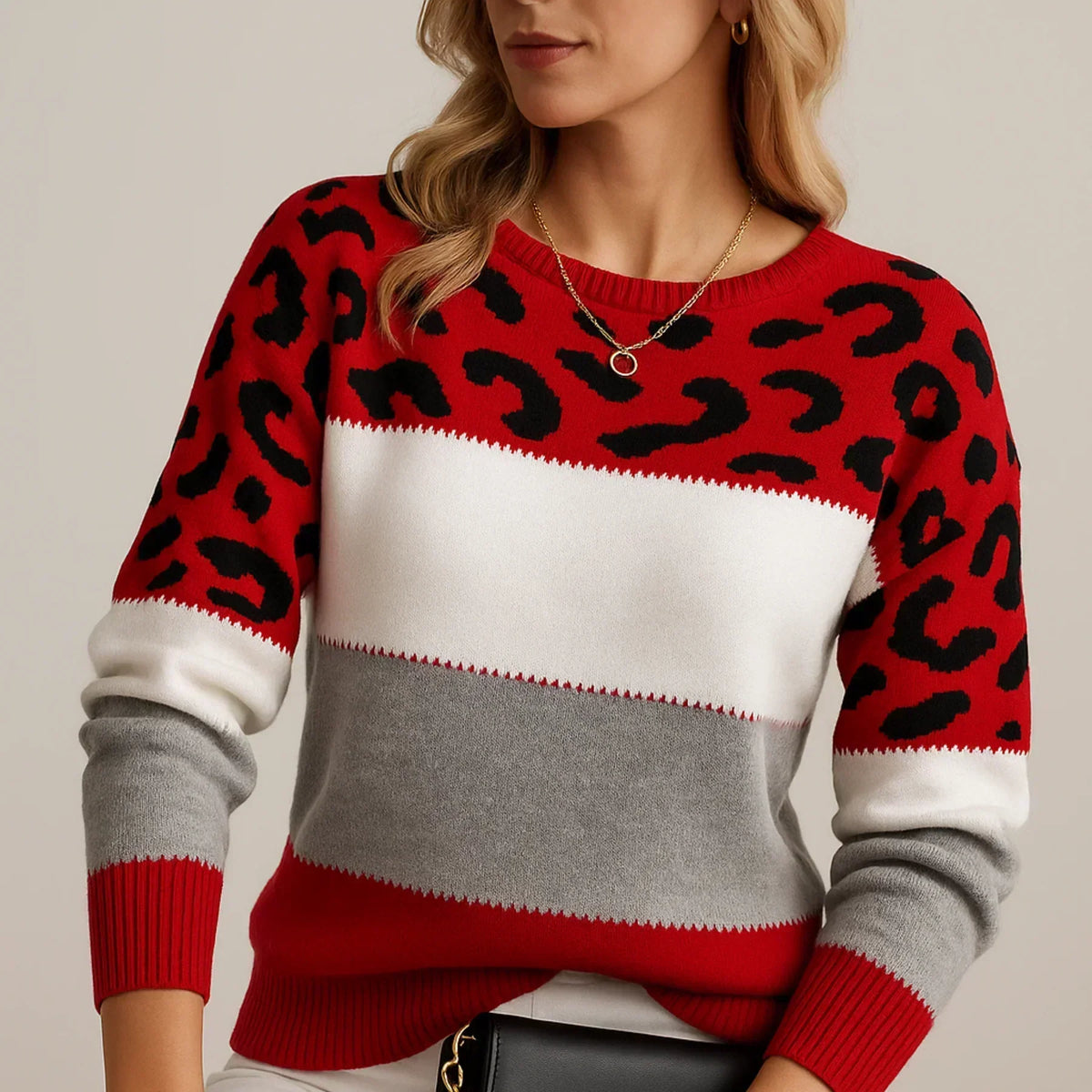 Women's Leopard Print Knit Sweater - Grey