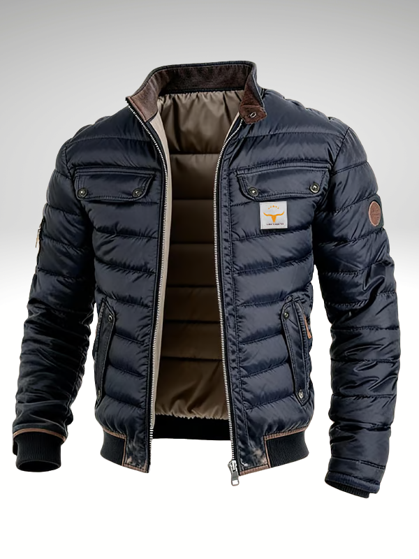 Men's Quilted Stand Collar Jacket - Navy Blue