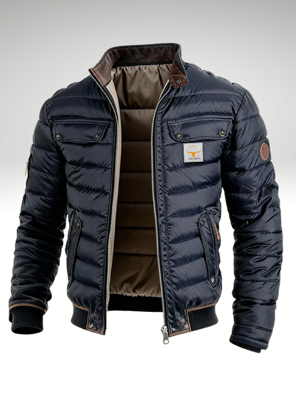 Men's Quilted Stand Collar Jacket - Navy Blue