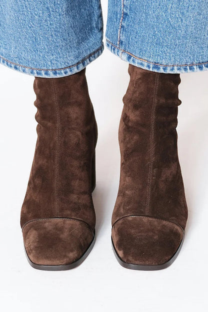 Women's Suede Knee High Block Heel Boots - Dark Brown