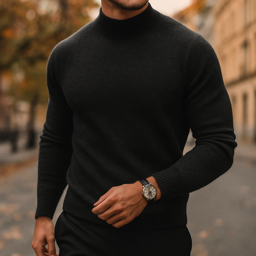 Men's High Collar Knit Pullover - Black