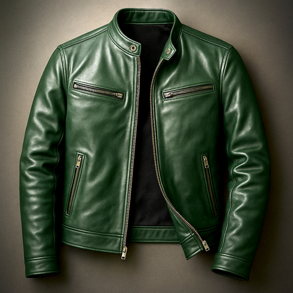 Men's Leather Biker Jacket - Green