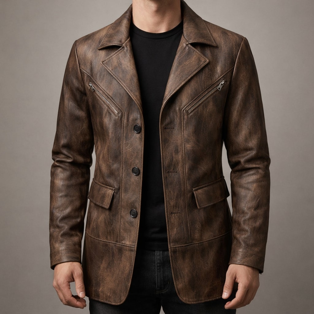 Men's Leather Panel Jacket - Brown