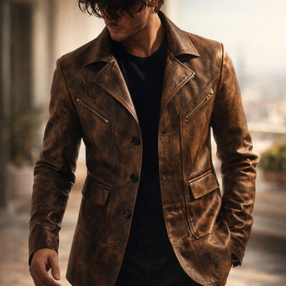 Men's Leather Panel Jacket - Brown