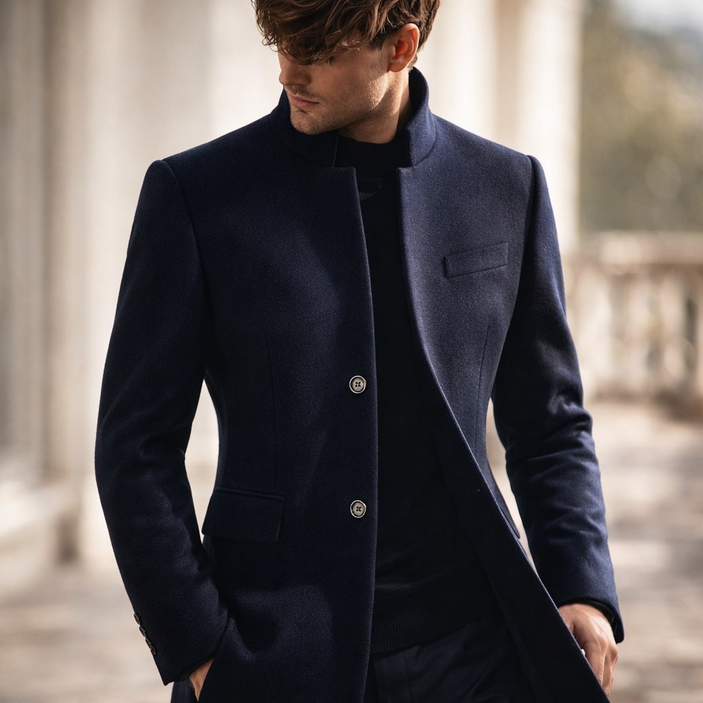 Men's High Collar Winter Coat - Navy Blue