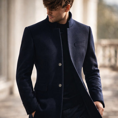 Men's High Collar Winter Coat - Navy Blue