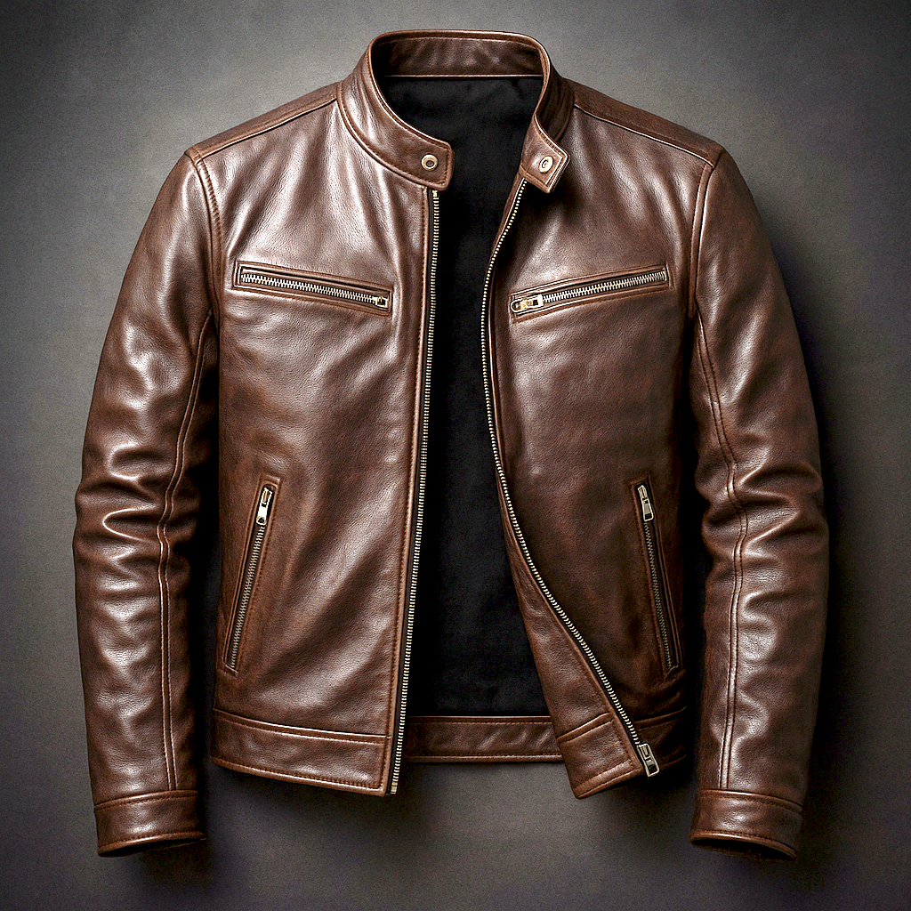 Men's Leather Biker Jacket - Green