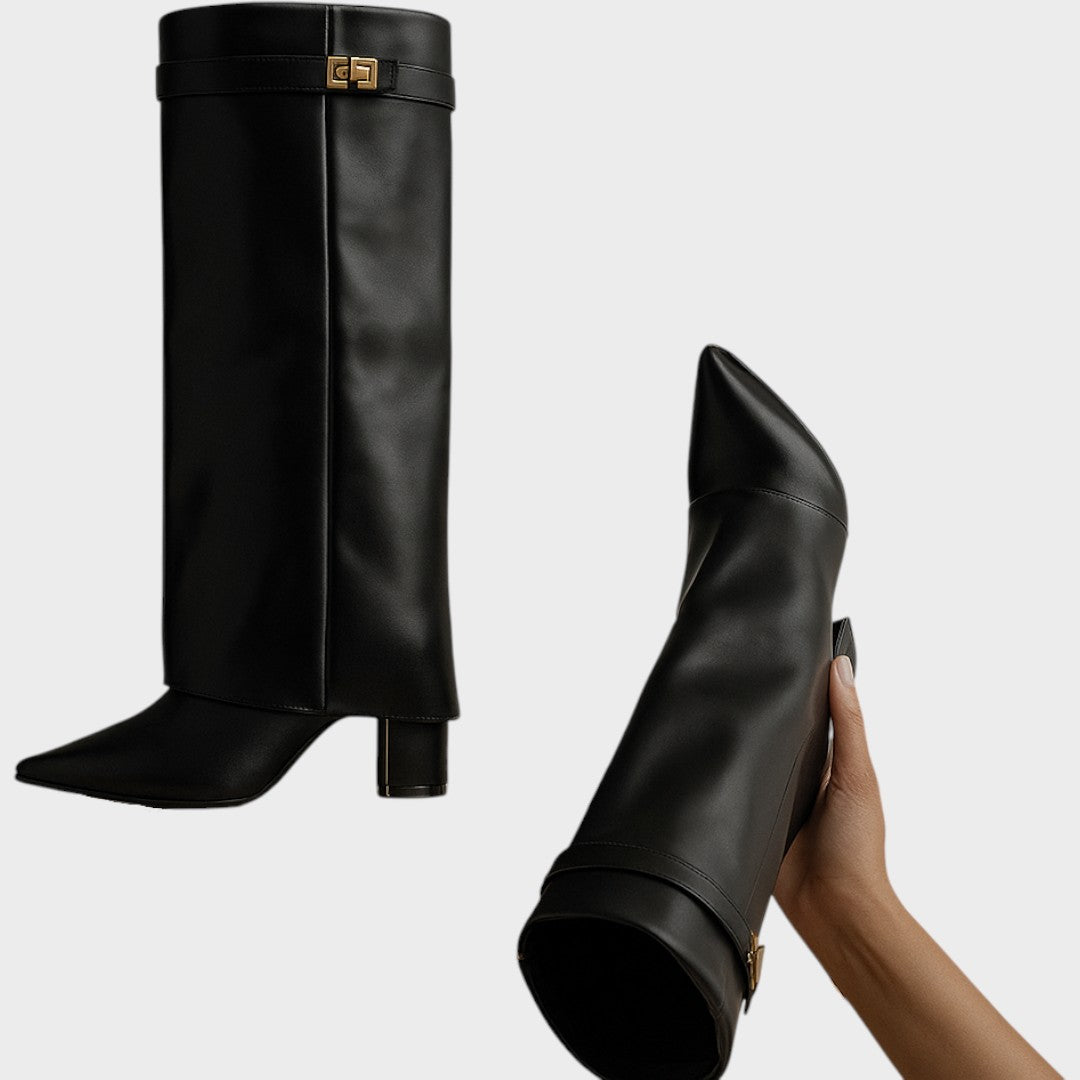 Women's Leather Fold Over Knee High Boots - Black