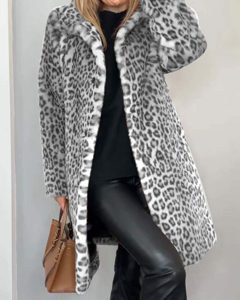 Women's Leopard Print Long Jacket - Khaki