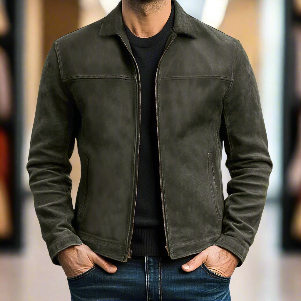 Men's Leather Zip Jacket - Brown