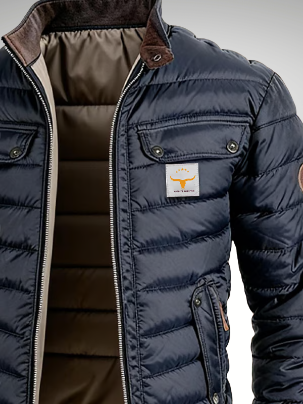 Men's Quilted Stand Collar Jacket - Navy Blue