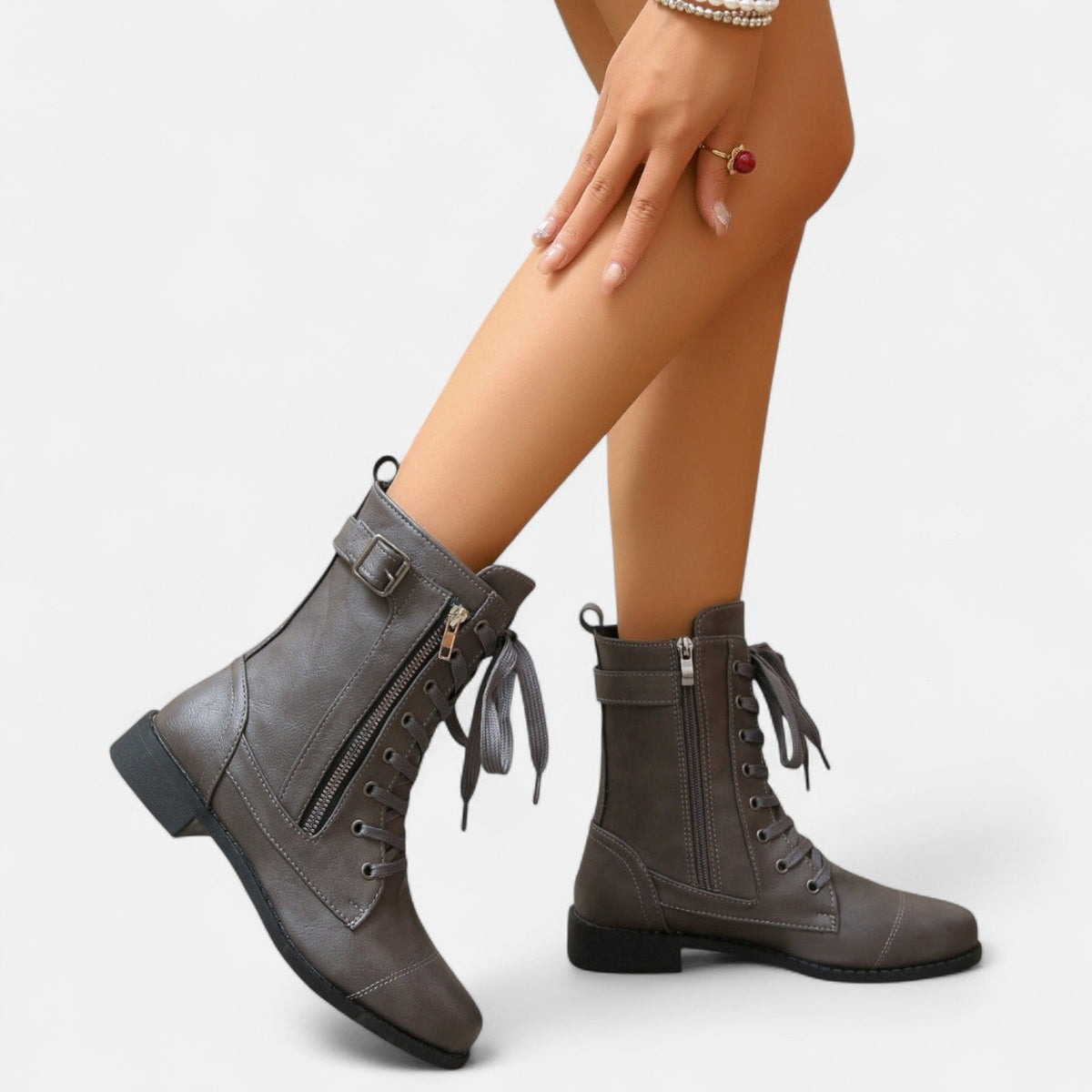 Women's Leather Lace Up Combat Boots - Caramel