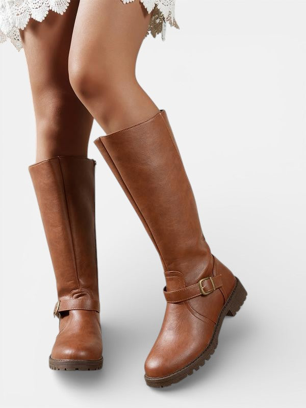 Women's Leather Knee High Riding Boots - Brown