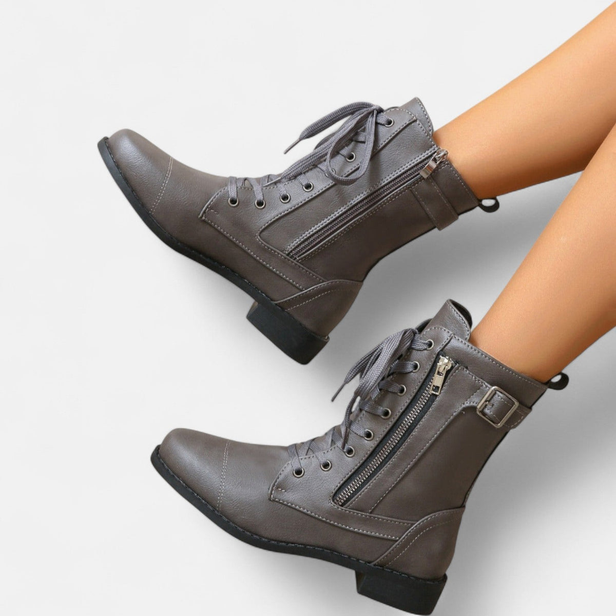 Women's Leather Lace Up Combat Boots - Black