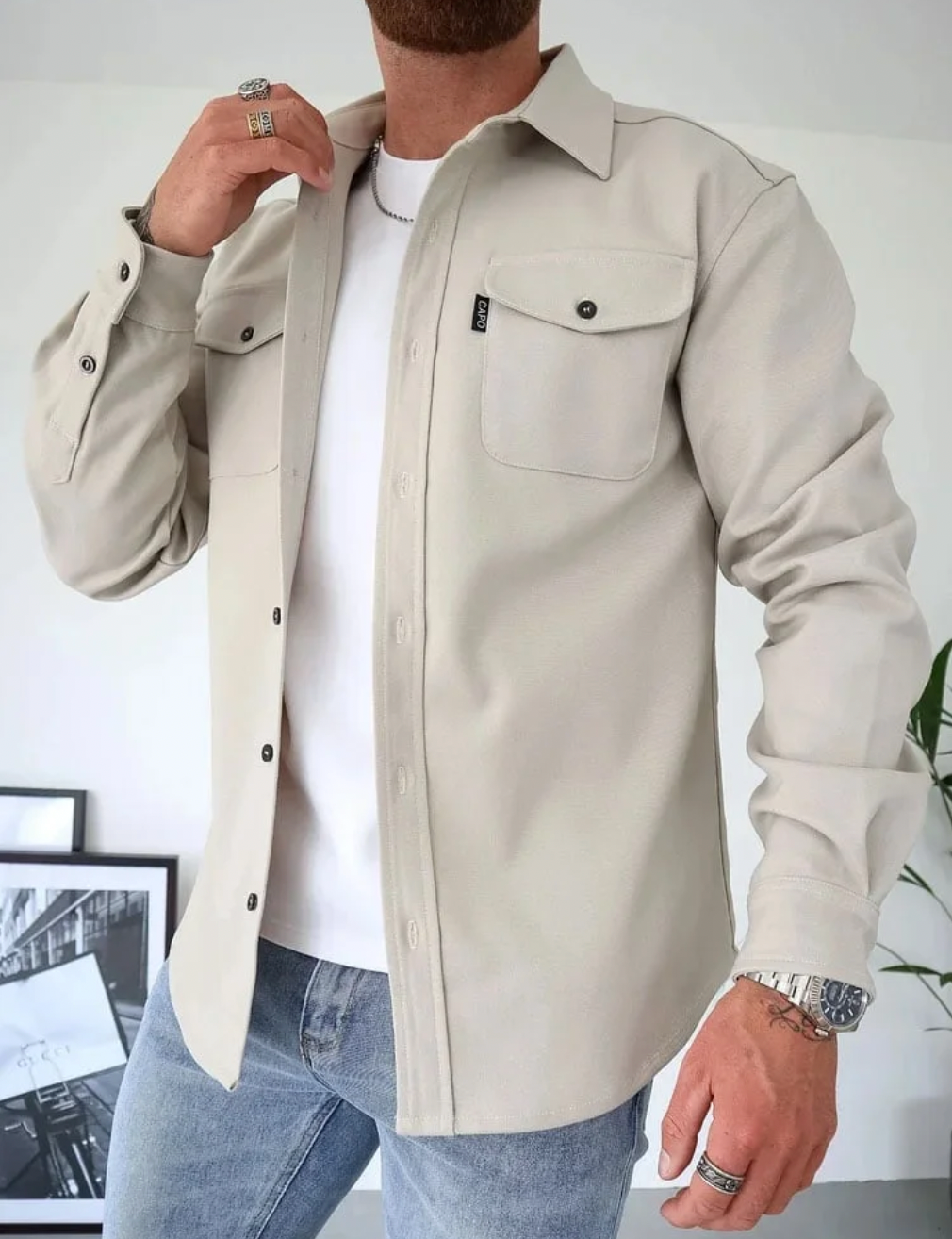 Men's Cotton Shirt Jacket - Beige