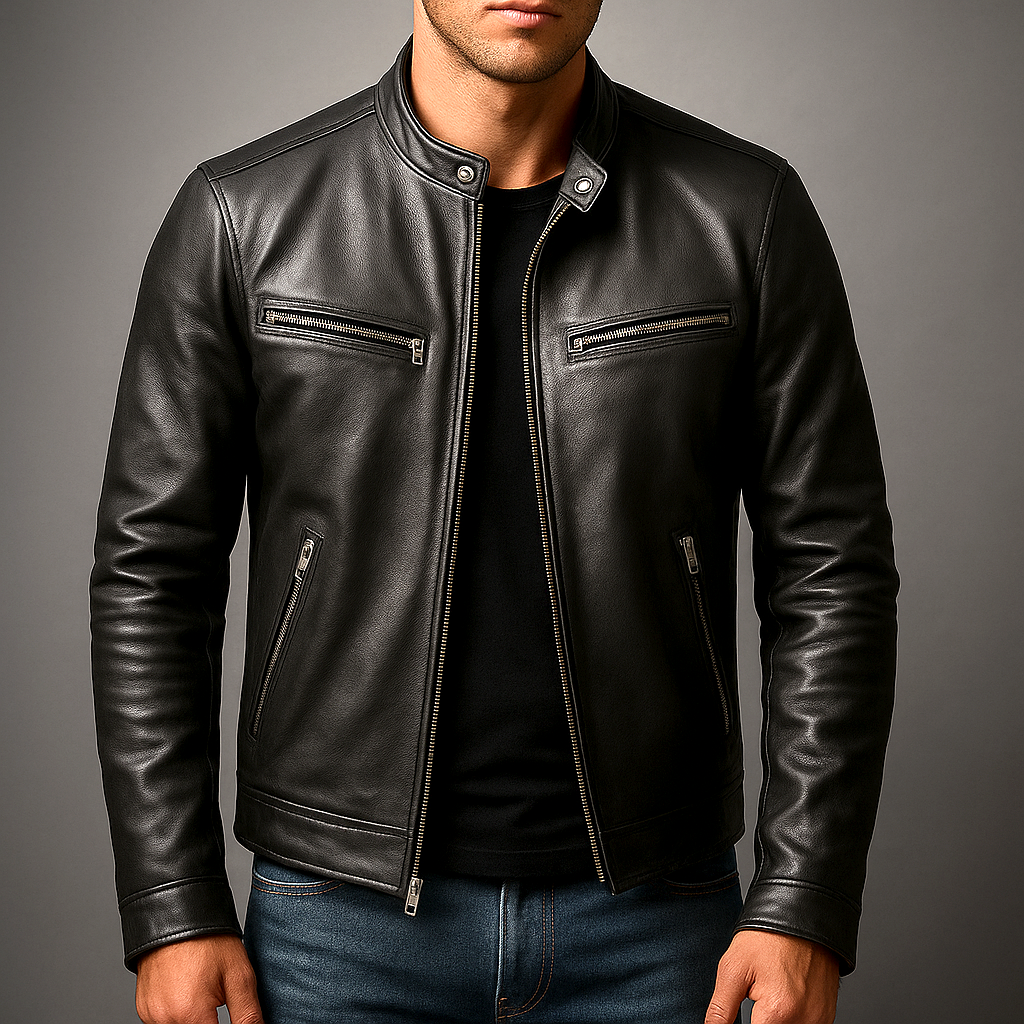 Men's Leather Biker Jacket - Green