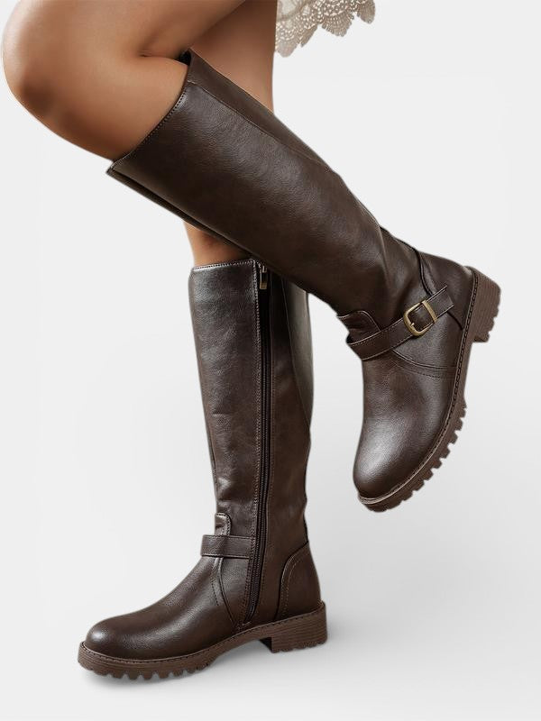 Women's Leather Knee High Riding Boots - Brown