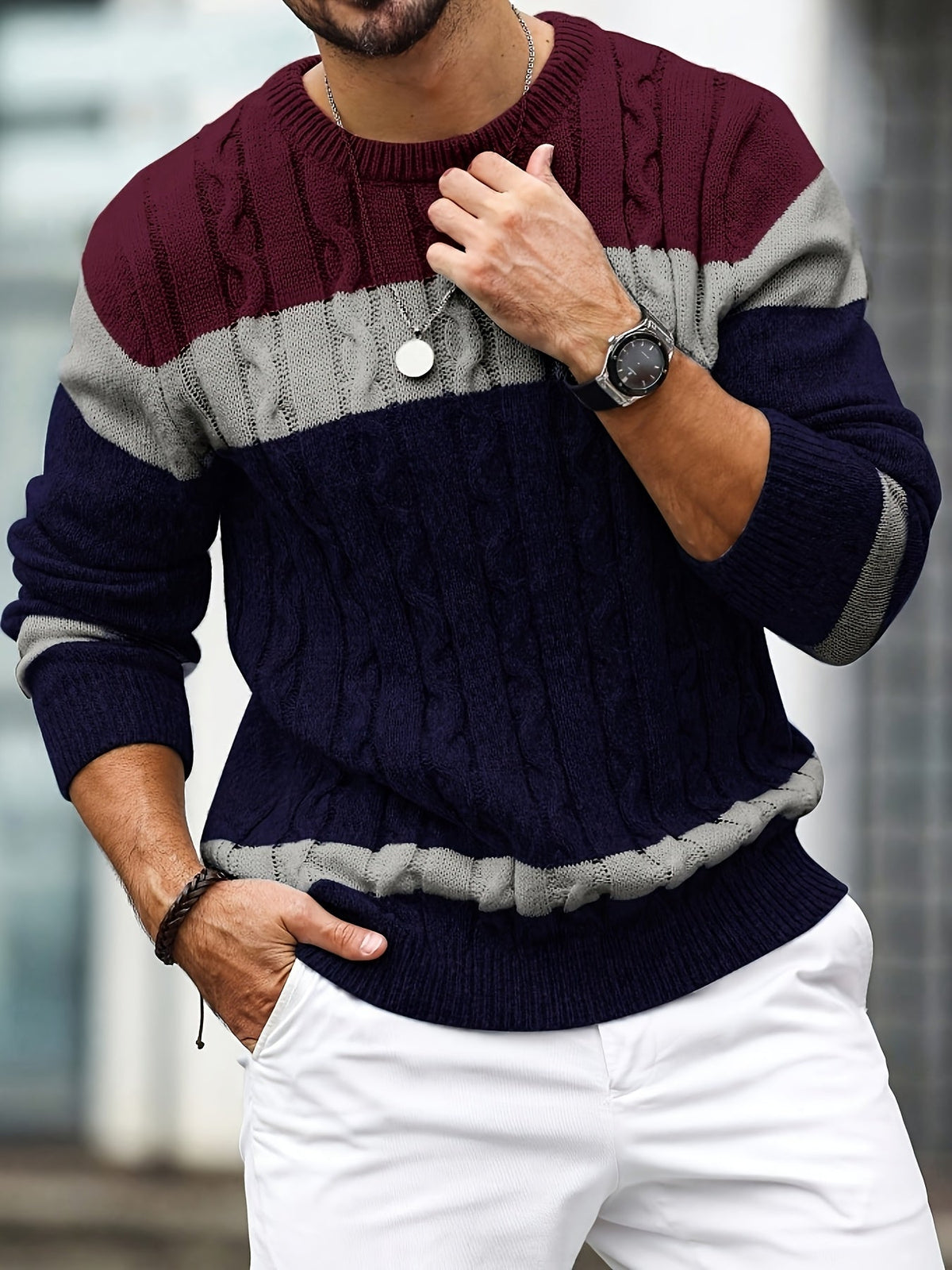 Men's Colorblock Cable Knit Sweater - Brown