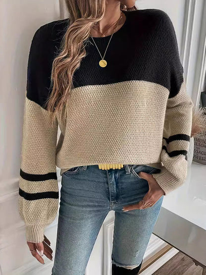 Women's Contrast Knit Sweater - BLACK