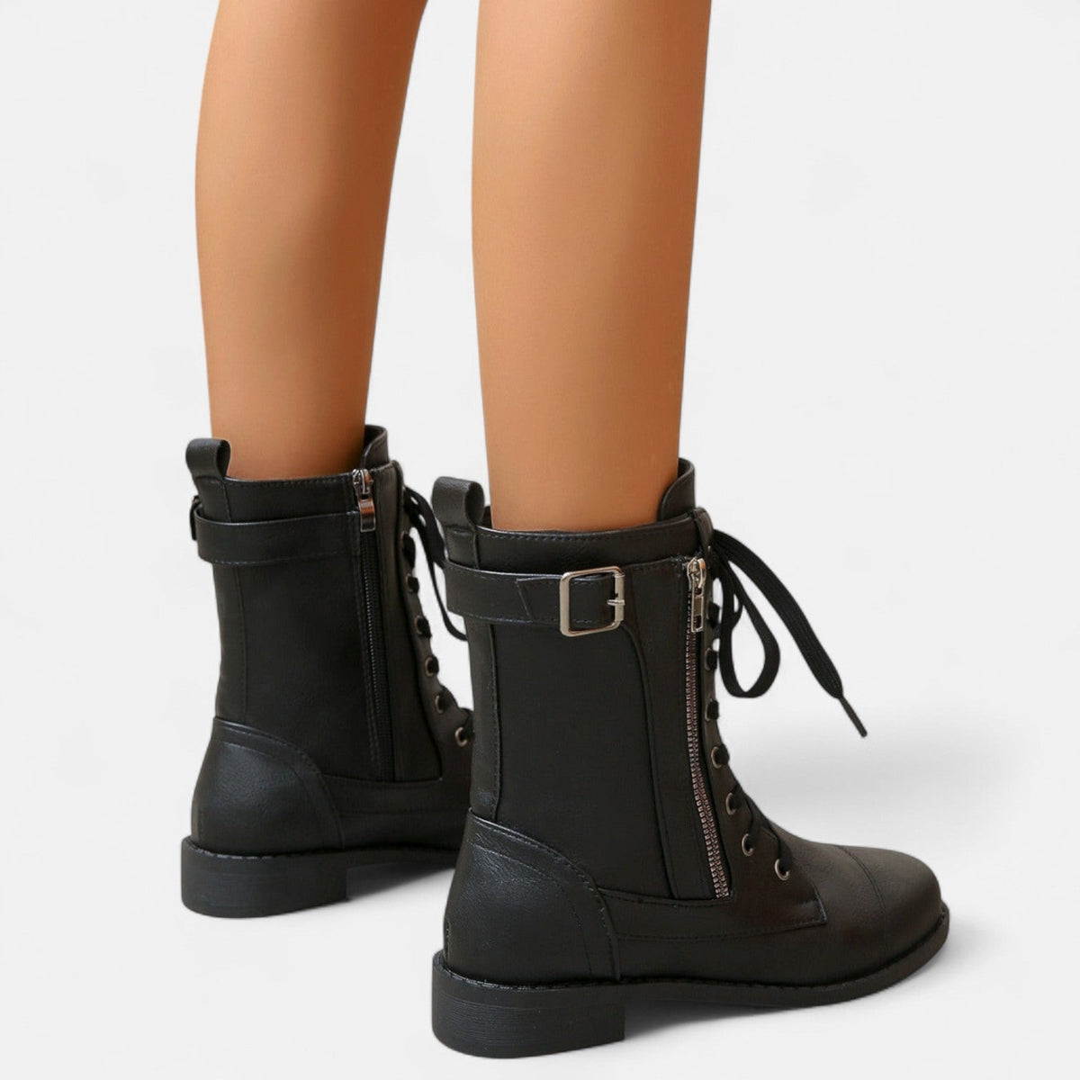 Women's Leather Lace Up Combat Boots - Black