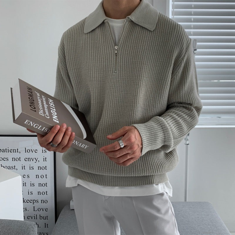 Men's Textured Zip Knit Sweater - Grey