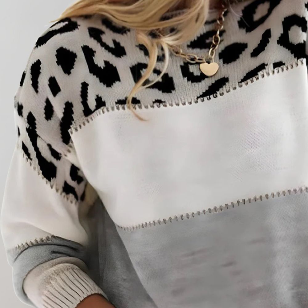 Women's Leopard Print Knit Sweater - Grey