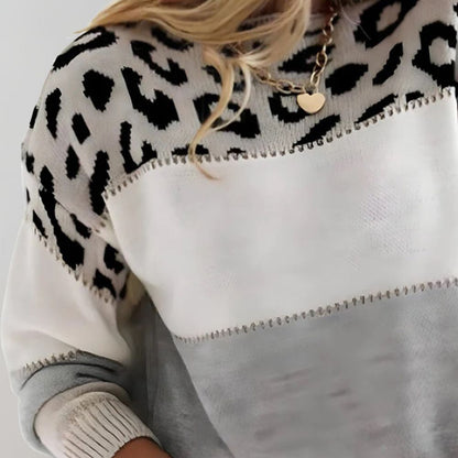 Women's Leopard Print Knit Sweater - Grey