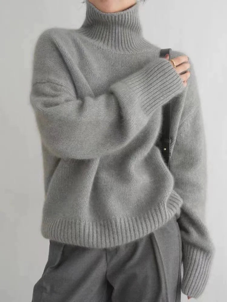 Women's High Neck Knit Sweater - Beige