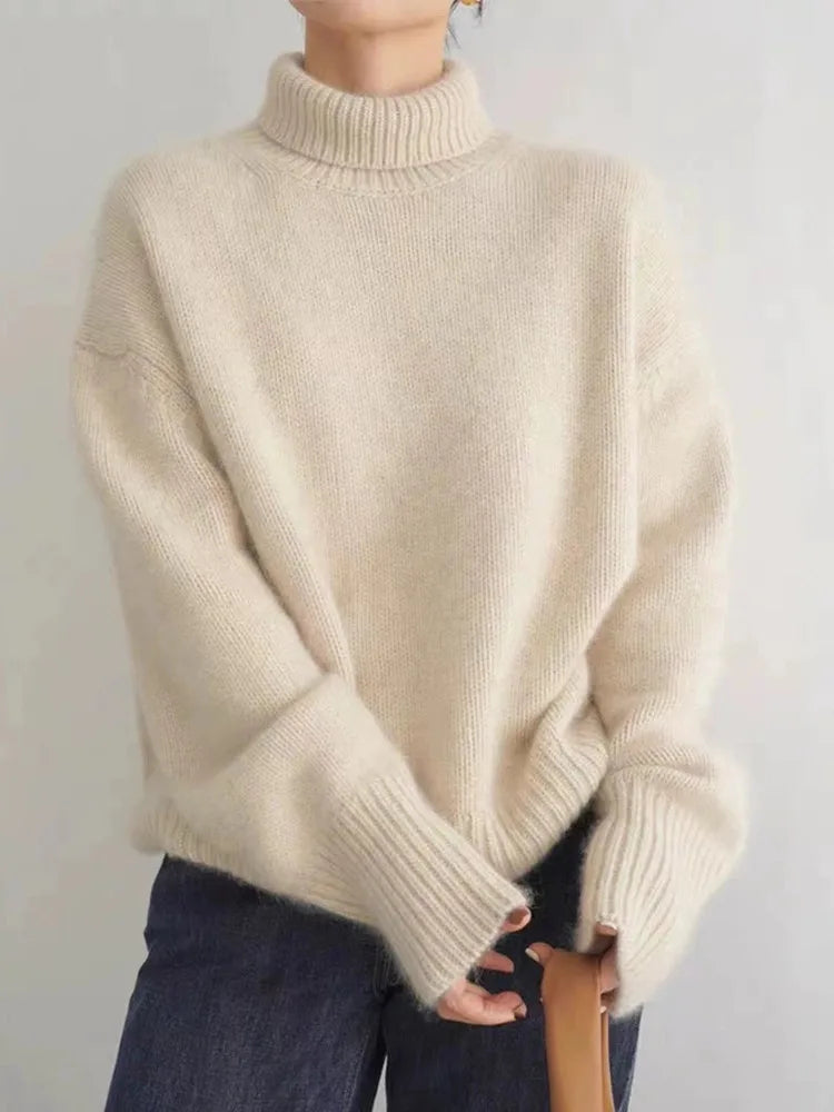 Women's High Neck Knit Sweater - Beige
