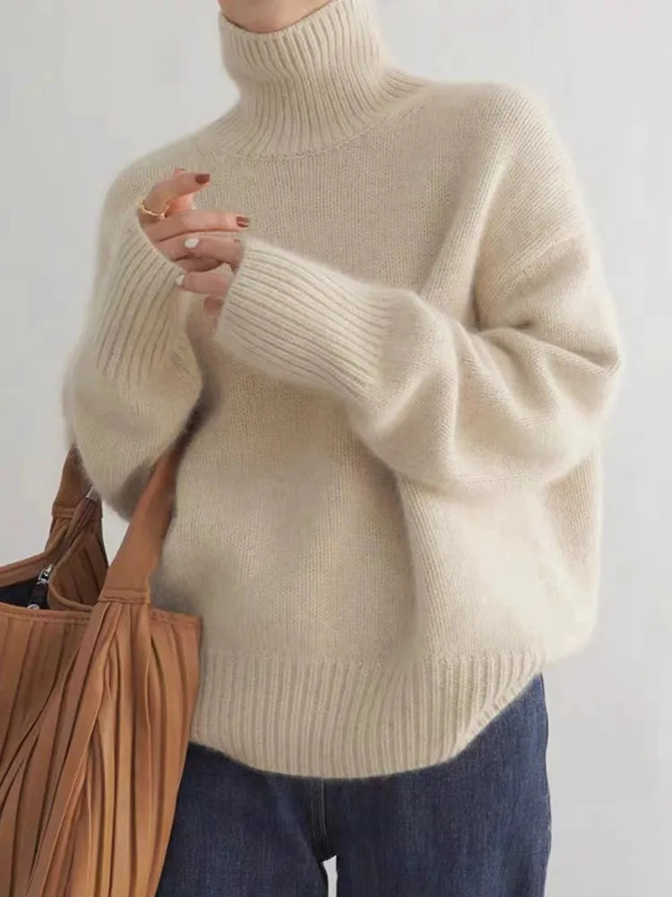 Women's High Neck Knit Sweater - Beige