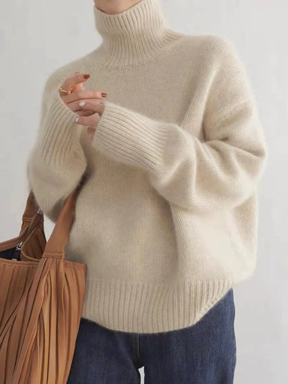 Women's High Neck Knit Sweater - Beige